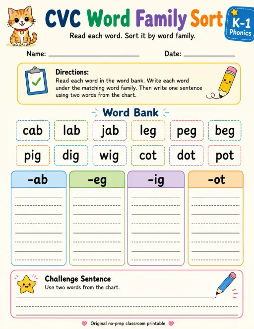 CVC Word Family Sort - Set 4