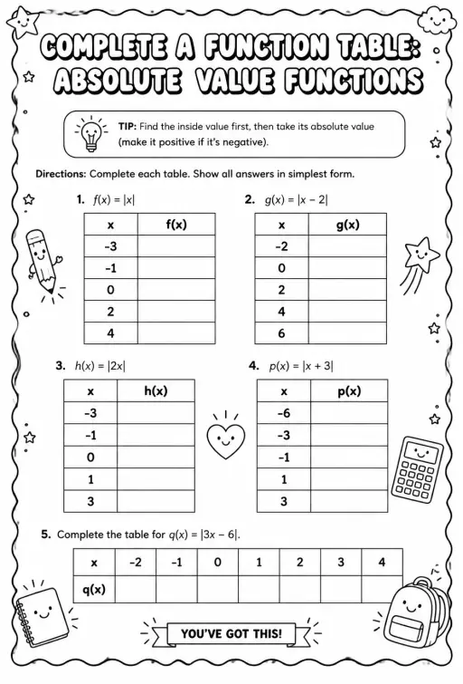 Complete a function table: absolute value functions