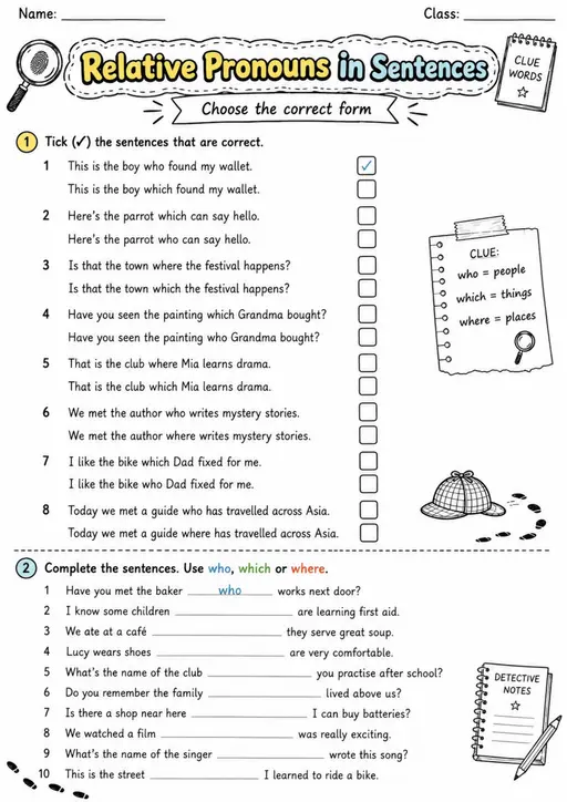 Relative Pronouns In Sentences | Grades 5-6 Grammar Worksheet