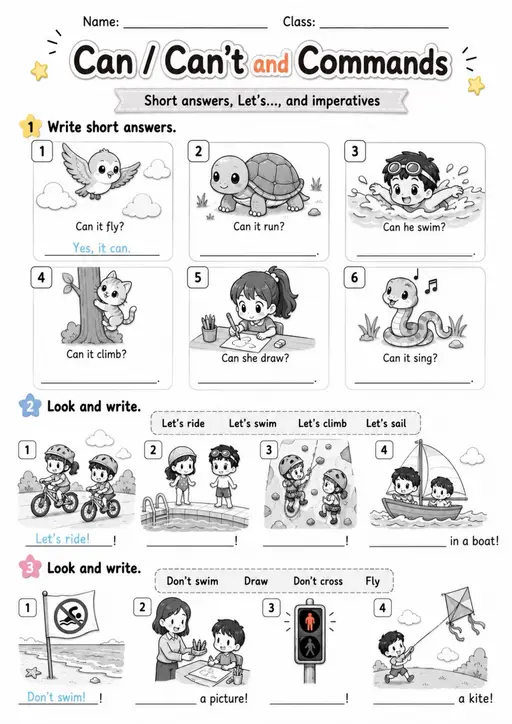 Can Let's and Imperatives Review | Grade 1 Grammar Worksheet