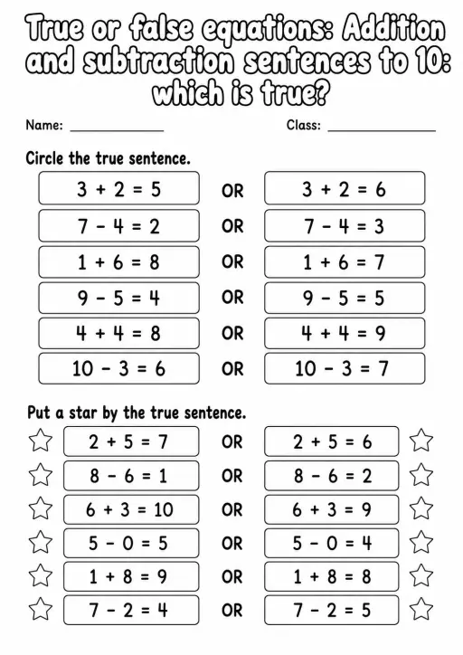 Grade 1 True Or False Equations Math Worksheet Pack