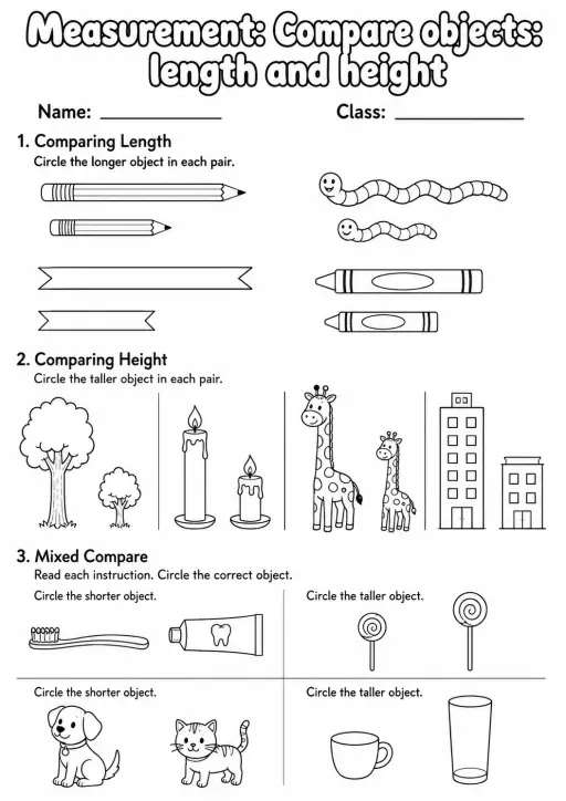 Grade 1 Measurement Math Worksheet Pack