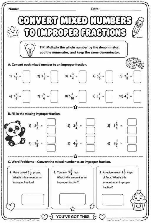 Convert mixed numbers to improper fractions
