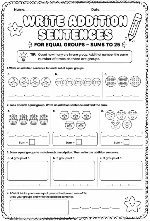 Write addition sentences for equal groups - sums to 25
