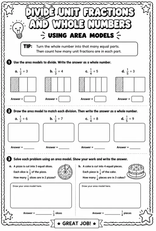 Divide unit fractions and whole numbers using area models