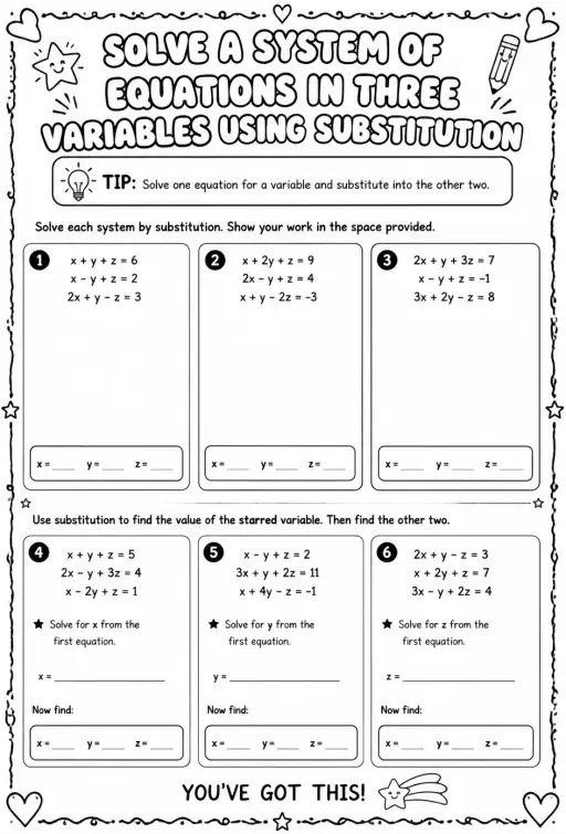 Solve a system of equations in three variables using substitution
