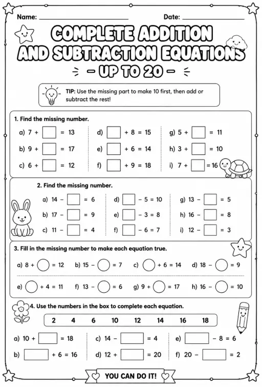 Complete addition and subtraction equations - up to 20