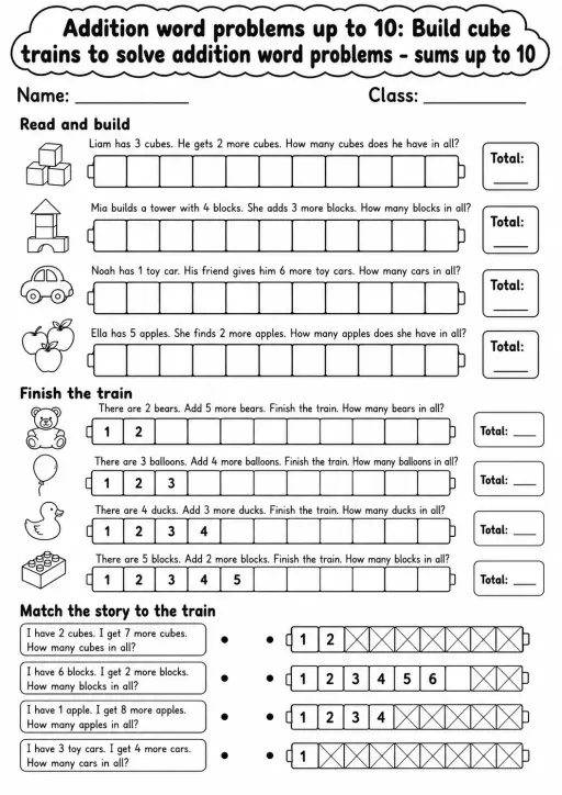 Kindergarten Addition Word Problems up to 10 Math Worksheet Pack