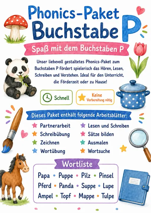 German Letter P Phonics Worksheets Pack