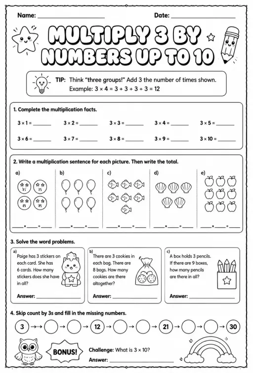 Multiply 3 by numbers up to 10