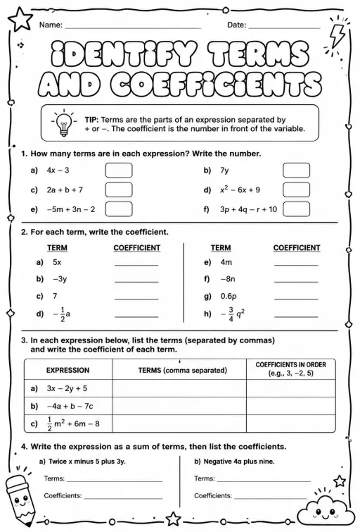 Identify terms and coefficients
