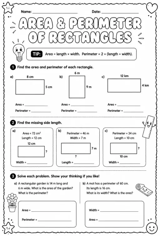 Solve problems involving the area and perimeter of rectangles
