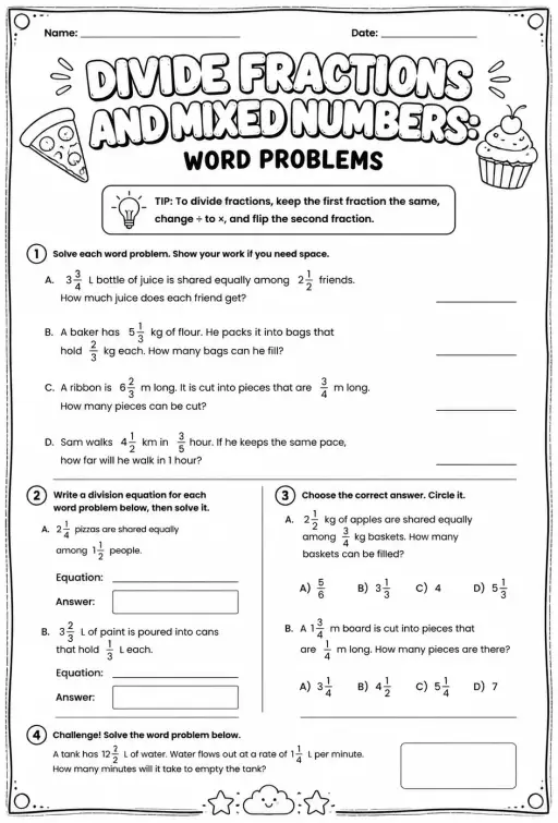 Divide fractions and mixed numbers: word problems
