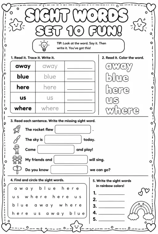 Read sight words set 10: away, blue, here, us, where