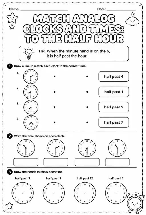 Match analog clocks and times: to the half hour