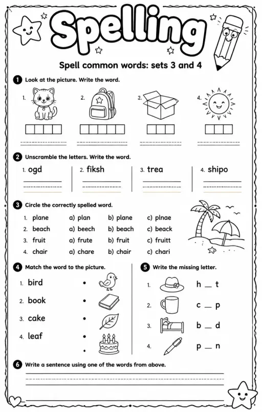 Spell common words: sets 3 and 4