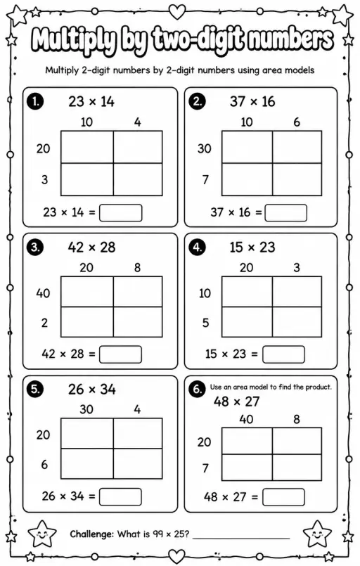 Multiply 2-digit numbers by 2-digit numbers using area models
