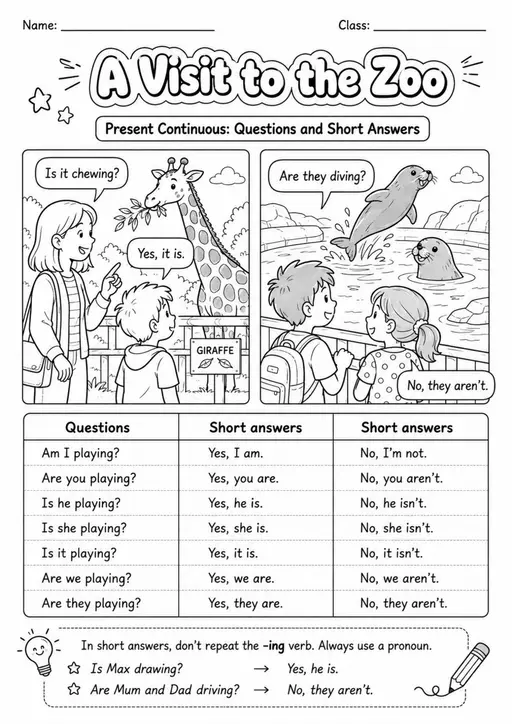Present Continuous: A Visit To The Zoo | Grades 3-4 Grammar Worksheet