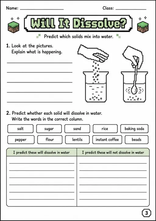 Will It Dissolve? - Grade 3 Science Worksheet
