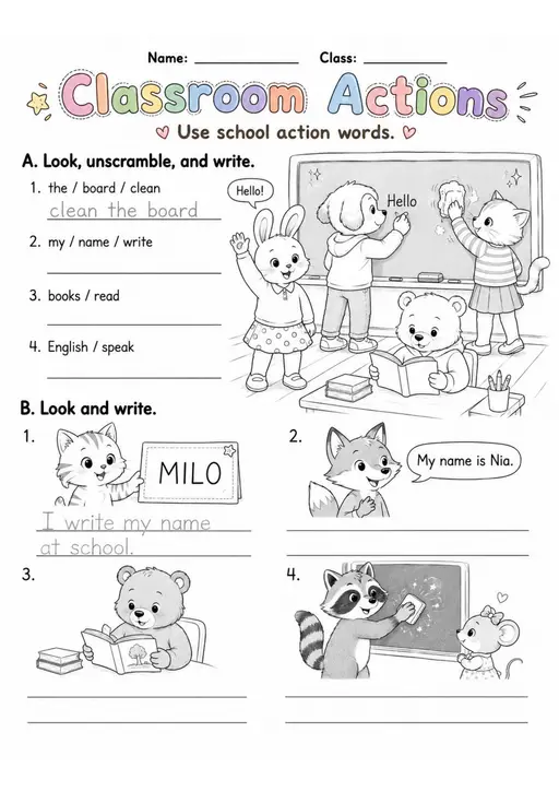 Classroom Actions | Grades 2-3 Vocabulary Worksheet