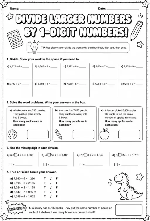 Divide larger numbers by 1-digit numbers