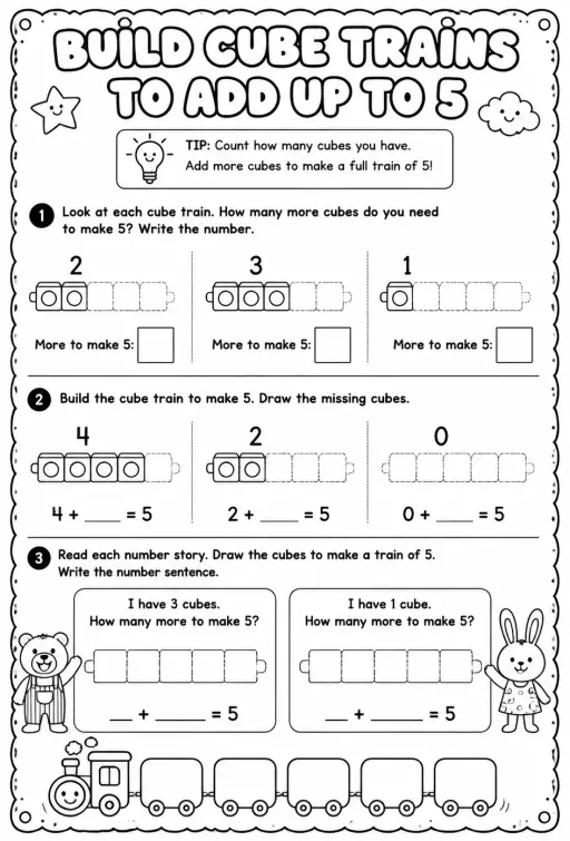 Build cube trains to add up to 5 - words