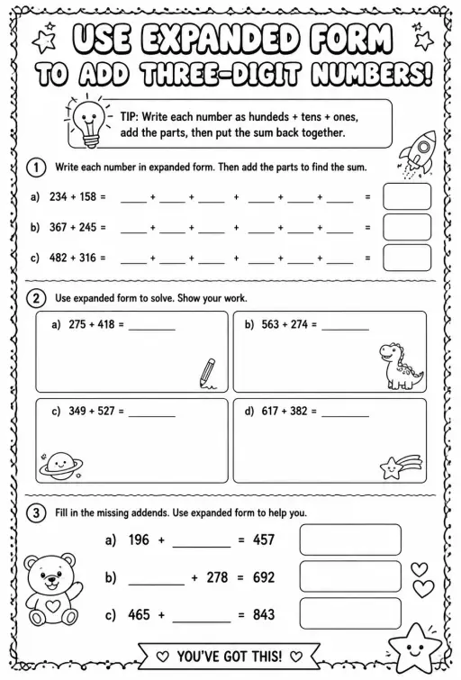 Use expanded form to add three-digit numbers