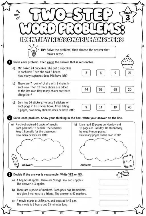 Two-step word problems: identify reasonable answers