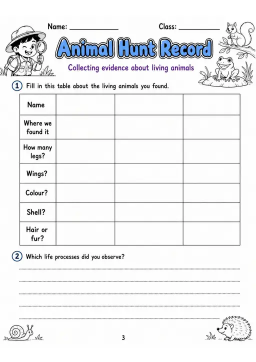 Animal Hunt Record - Grade 3 Science Worksheet
