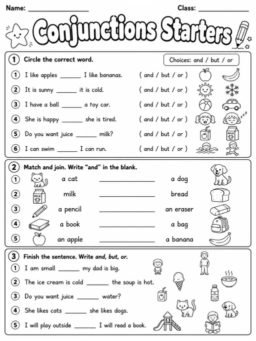 Conjunctions Starters Vocabulary Worksheet Pack - Set 2