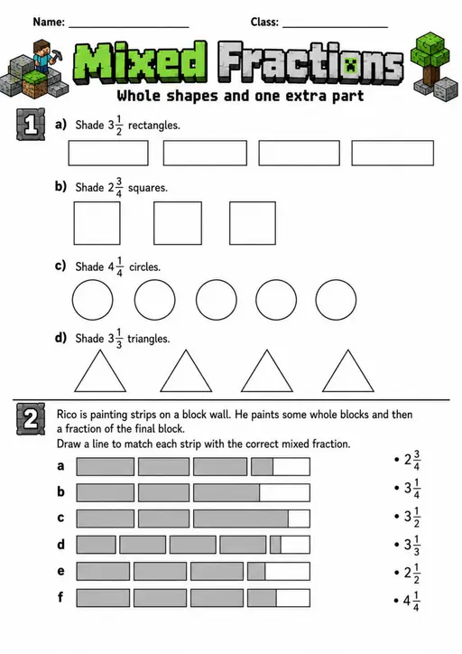 Mixed Fractions - Grade 3 Math Worksheet