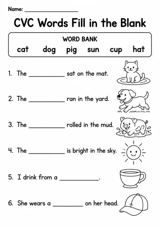 CVC Words Fill in the Blank — Kindergarten