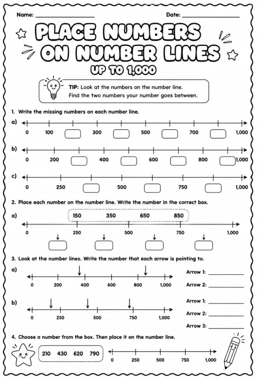 Place numbers on number lines - up to 1,000