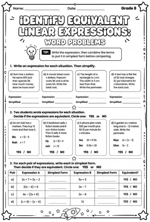 Identify equivalent linear expressions: word problems