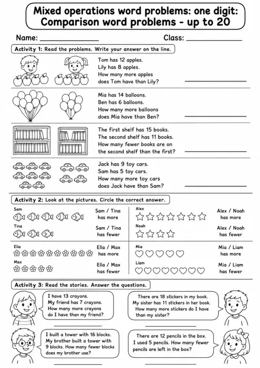Grade 2 Mixed Operations Word Problems: One Digit Math Worksheet Pack