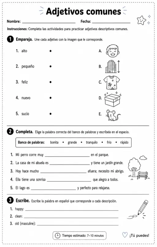 Reconocer palabras, frases u oraciones en español relacionadas con adjetivos descriptivos comunes.