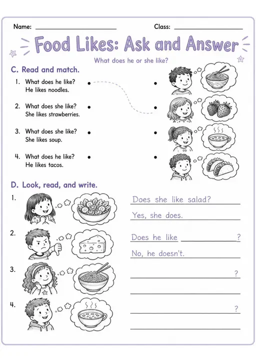 Food Likes: Ask And Answer | Grades 2-3 Grammar Worksheet