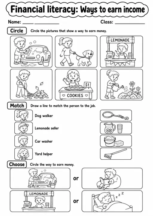 Kindergarten Financial Literacy Math Worksheet Pack
