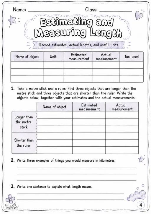 Estimating and Measuring Length - Grade 3 Math Worksheet - grade 3 Reading, explanation, and short-response questions
