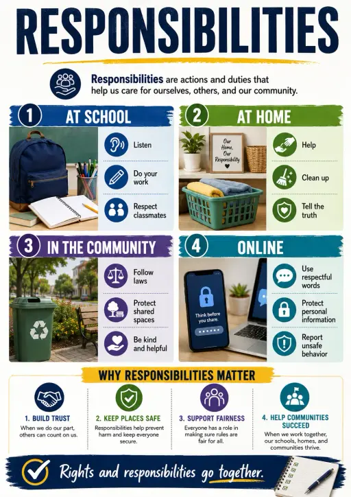 Rights and Responsibilities Go Together. Civics Infographic