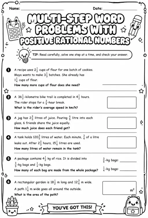 Multi-step word problems with positive rational numbers