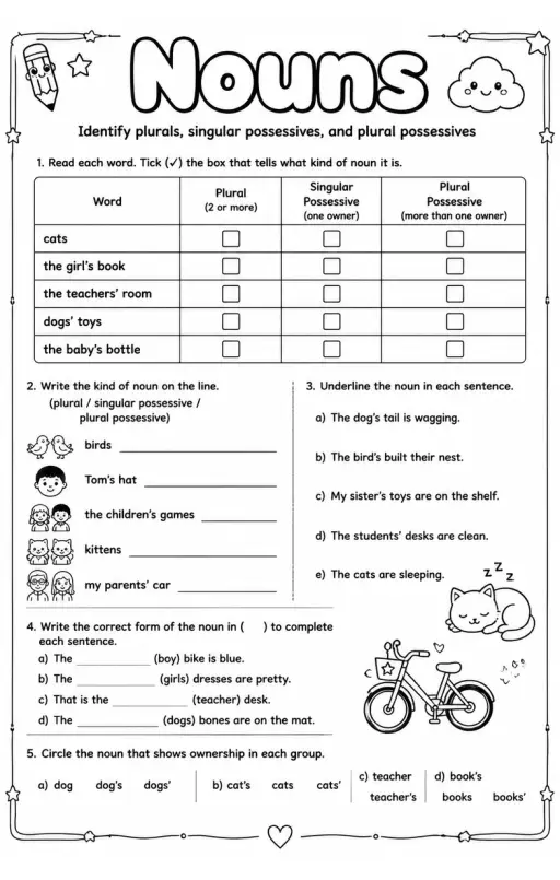 Identify plurals, singular possessives, and plural possessives