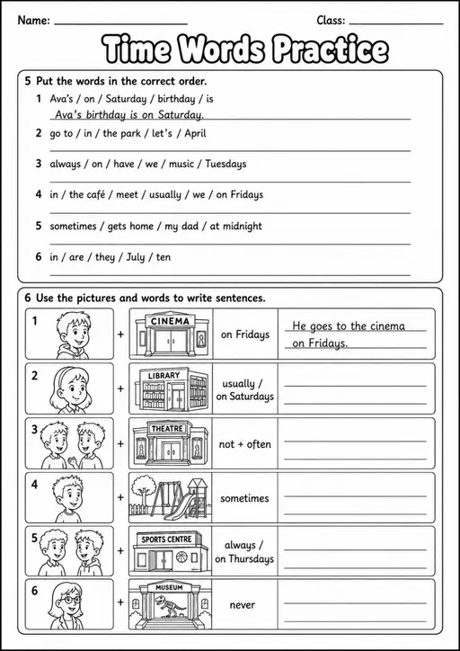 Time Words Practice | Grades 3-4 Grammar Worksheet