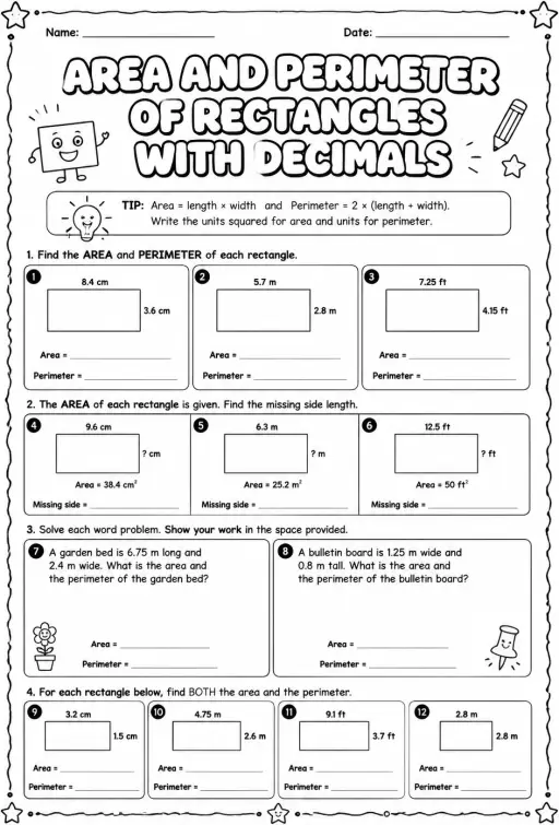 Area and perimeter of rectangles with decimals