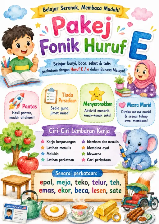 Malay Letter E Phonics Worksheets Pack