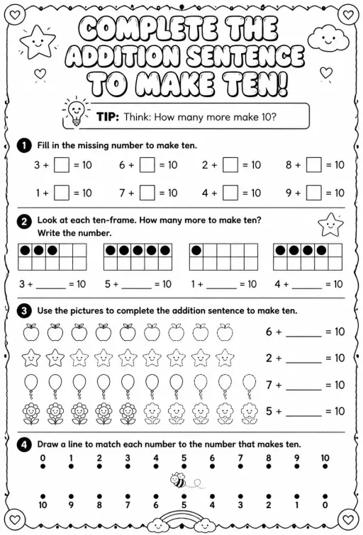 Complete the addition sentence to make ten