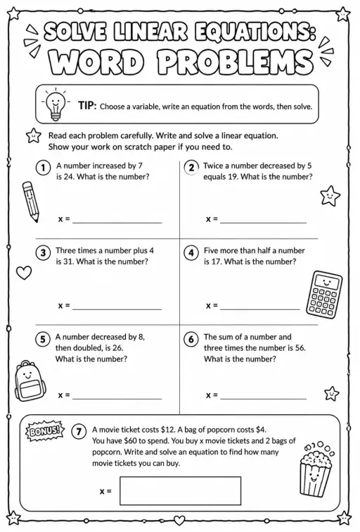 Solve linear equations: word problems