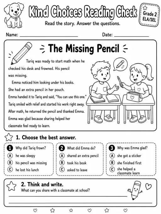 Kind Choices Reading Check: The Missing Pencil