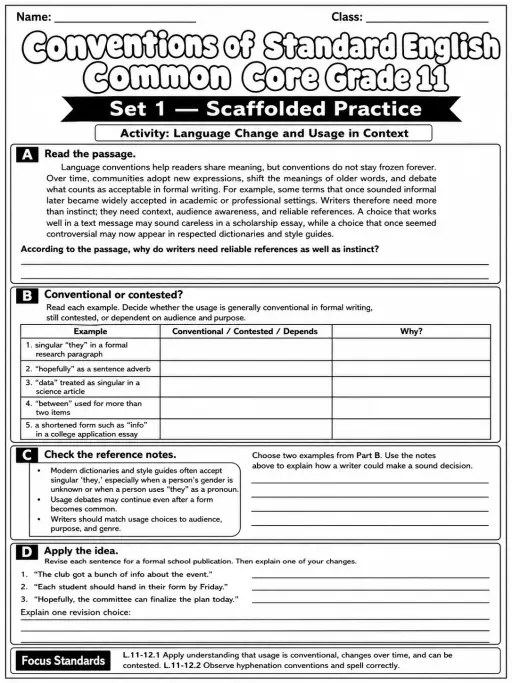 Conventions of Standard English Common Core Grade 11