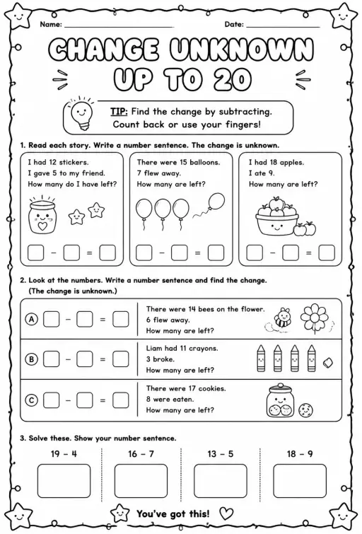 Write number sentences for word problems with change unknown - up to 20